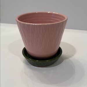 Vintage Pink Planter with Green Saucer